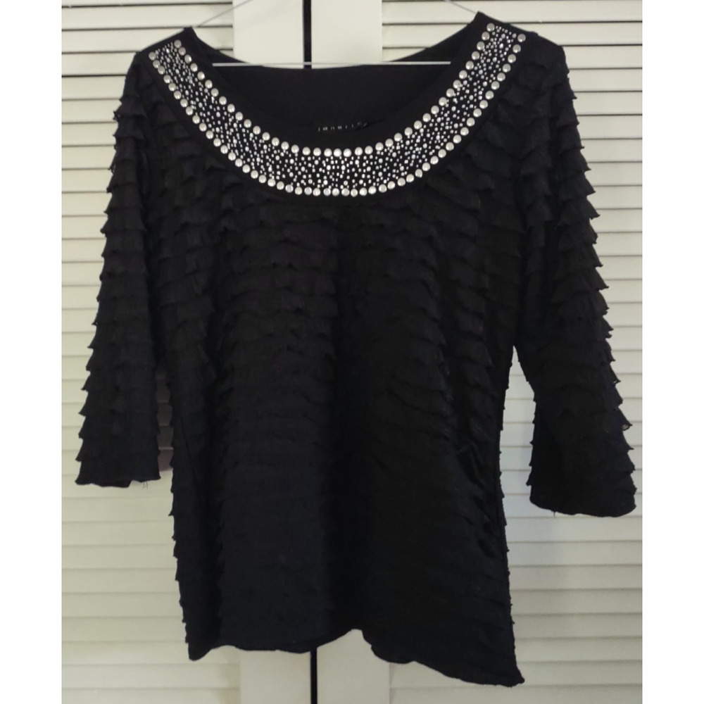 Janeric M Top 3/4 Sleeve Black Ruffled Embellished Silver Studded Blouse